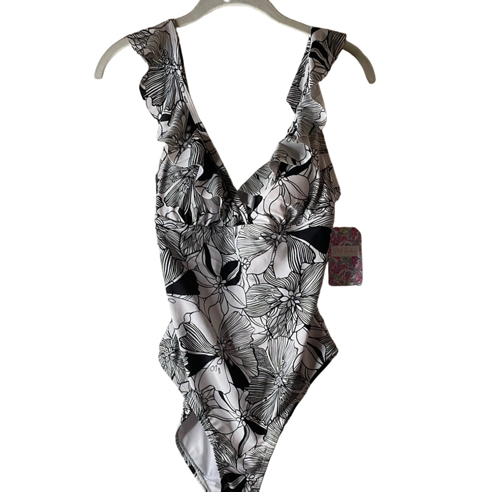 NWT STELLA PARKER Black and White Floral Swimsuit SIZE M